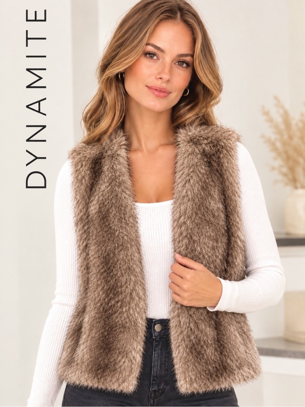 DYNAMITE Plush Faux Fur Vest-Brown and Cream Beige